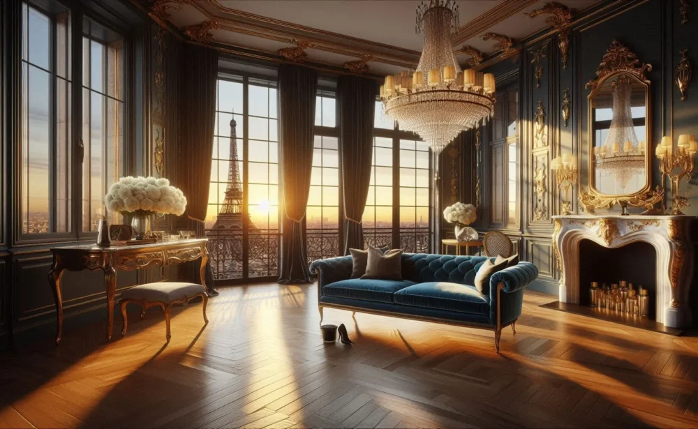 Intérieur parisien luxueux parfaitement entretenu avec vue sur la Tour Eiffel