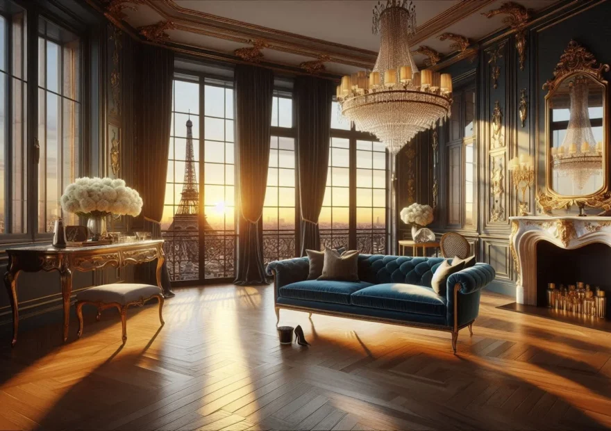 Intérieur parisien luxueux parfaitement entretenu avec vue sur la Tour Eiffel