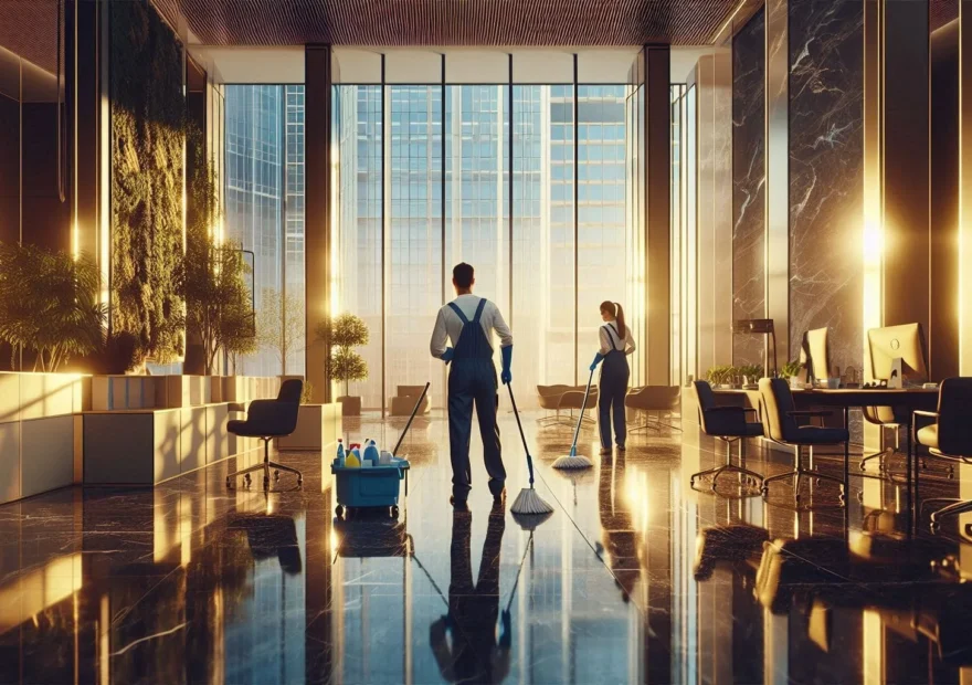 Équipe Mr. Linge réalisant un nettoyage premium dans un bureau design parisien - résultat impeccable